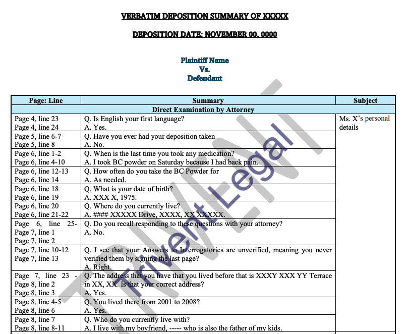 Trivent Legal Q&A deposition summary example